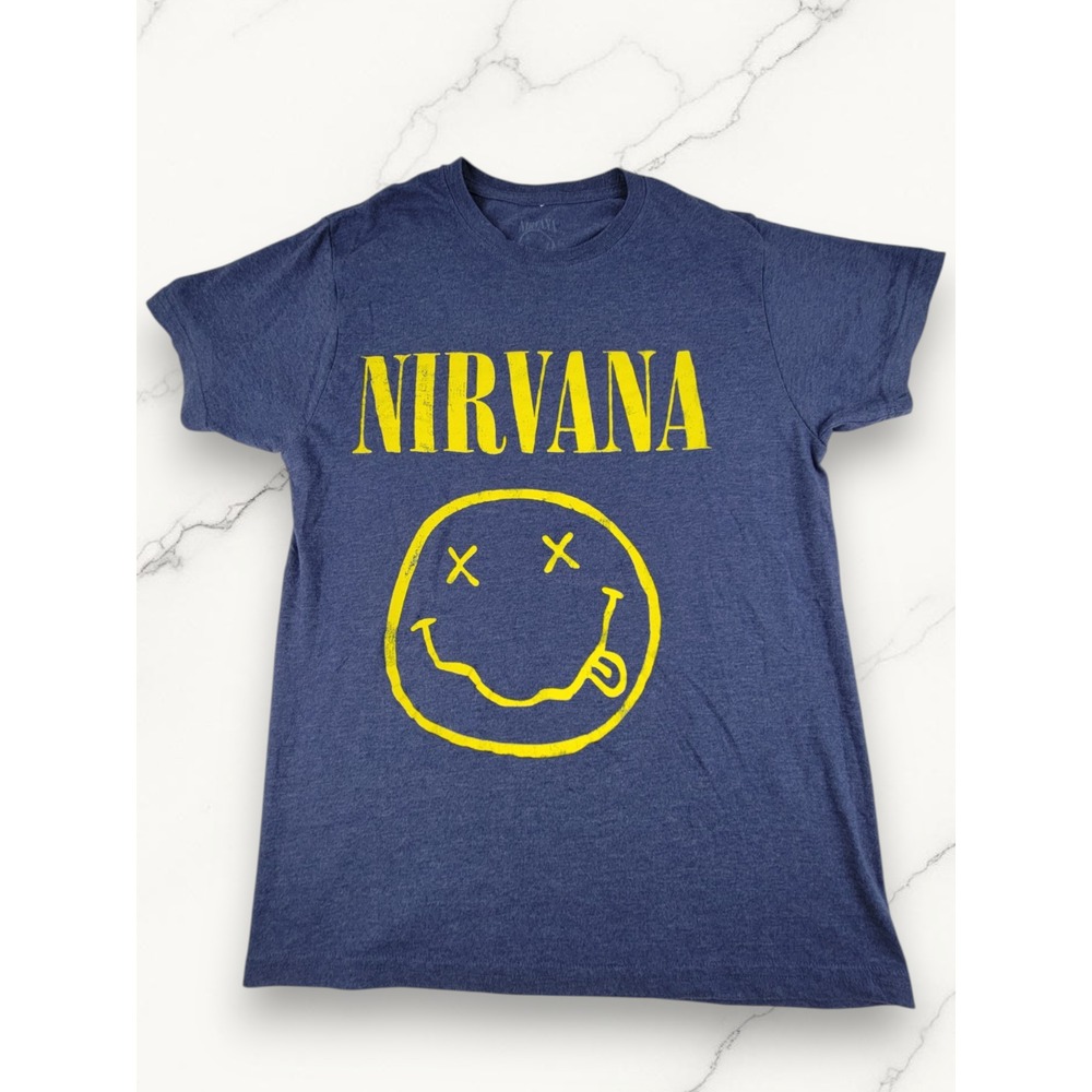 Nirvana Smiley Face Graphic Tee Mens Medium Heather Navy Blue Yellow Print